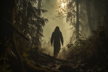 silhouette of a bigfoot creature in a forest - obrazy, fototapety, plakaty