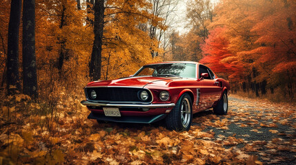 American muscle car in the autumn forest - obrazy, fototapety, plakaty
