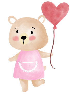 Cartoon bear girl wearing pink dress holding red balloon.