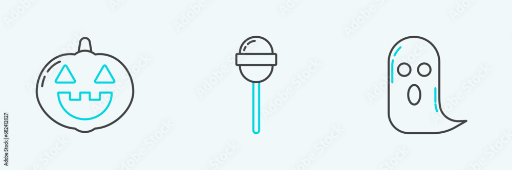 Poster Set line Ghost, Pumpkin and Lollipop icon. Vector