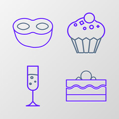 Set line Cake, Glass of champagne, Muffin and Festive mask icon. Vector