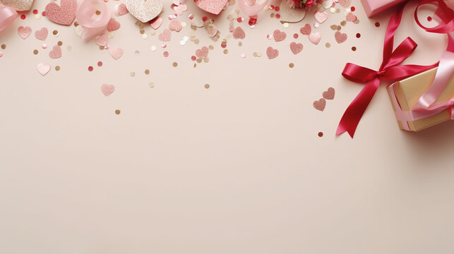 Background with gift and hearts with free space for text on pastel background. Valentines day concept. Mother's Day concept.