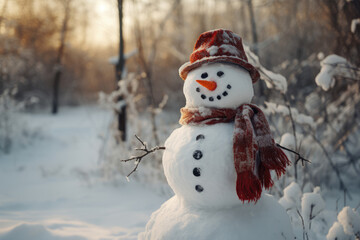 Obraz premium Cute snowman in a hat and scarf in the winter forest