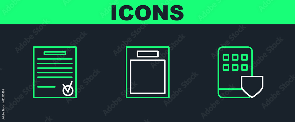 Poster set line smartphone insurance, confirmed document and check mark and empty form icon. vector