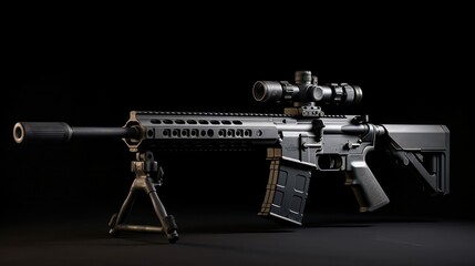 AR-15 firearm, Professional photo of an AR-15 firearm with cozy illumination, positioned on a bipod with a suppressor and sight. - obrazy, fototapety, plakaty