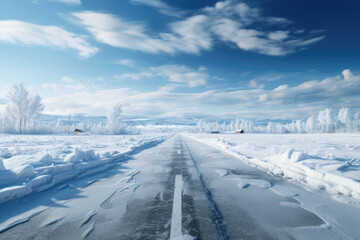 Winter landscape, road in snowy winter day
