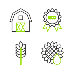 Set line Sunflower, Cereals with rice, wheat, corn, oats, rye, Banner, label, tag, logo for eco and Farm House concept icon. Vector