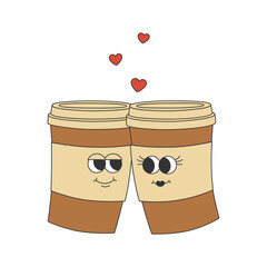 Two coffee cups in groovy style. Cartoon characters in trendy retro style. 