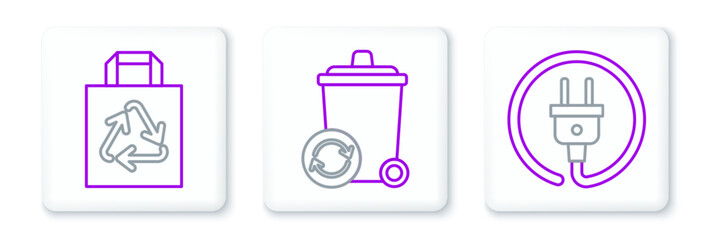 Set line Electric plug, Paper shopping bag with recycle and Recycle bin symbol icon. Vector