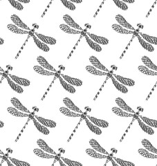 Seamless black and white pattern wiht dragonflies