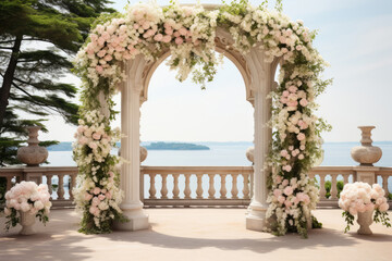 Decorative arch of flowers for wedding celebration on the shore of a pond