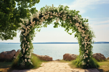 Decorative arch of flowers for wedding celebration on the shore of a pond