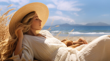 Seaside Serenity: Woman Sitting on Beach Chair, Enjoying the Beauty of a Tranquil Sunrise.