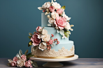 Obraz na płótnie Canvas Tiered wedding cake with floral decorations