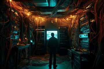 Person standing in dark server room with wires. Hacker cyber assault in computing repository space. Generate ai - obrazy, fototapety, plakaty