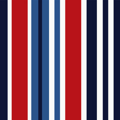 Stripe seamless pattern with blue, red and white colors vertical parallel stripes.