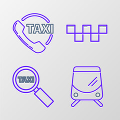 Set line Tram and railway, Magnifying glass taxi car, Taxi roof and call telephone service icon. Vector