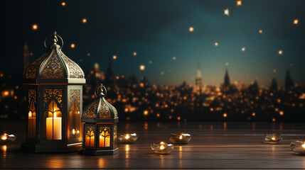 A lantern is placed on a wooden table with a beautiful background for the Muslim feast of the holy month of Ramadan Kareem. - obrazy, fototapety, plakaty