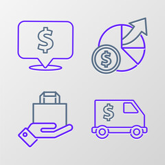 Set line Armored truck, Hand and paper shopping bag, Money diagram graph and Speech bubble with dollar icon. Vector