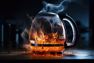 Burning Electric kettle, short circuit concept in electrical wiring - obrazy, fototapety, plakaty