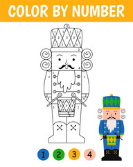 Color by number game for kids. Cute nutcracker in cartoon style. Christmas coloring page. Printable worksheet with solution for school and preschool. Learning numbers activity.