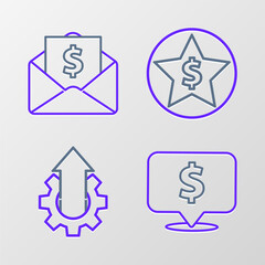 Set line Speech bubble with dollar, Arrow growth gear business, Star and and Envelope coin icon. Vector