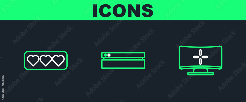 Poster set line computer monitor, like and heart and video game console icon. vector