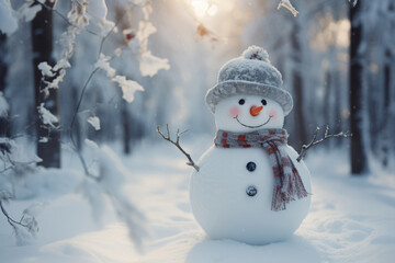 Obraz premium Snowman with hat, scarf in the winter forest