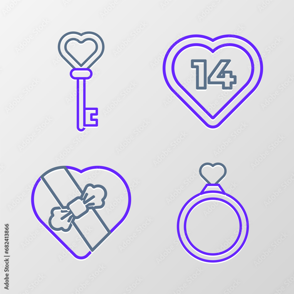 Wall mural set line wedding rings, candy heart shaped box, heart and key icon. vector