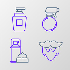 Set line Mustache and beard, Shaving gel foam, Hairdresser pistol spray bottle and Bottle of shampoo icon. Vector