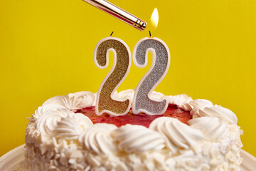 A candle in the form of the number 22, stuck in a holiday cake, is lit. Celebrating a birthday or a...