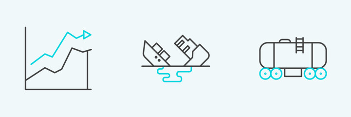 Set line Oil railway cistern, price increase and Wrecked oil tanker ship icon. Vector