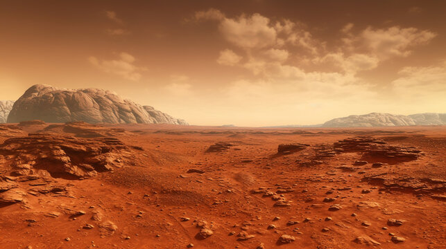 Landscape on the planet Mars, surface is a picturesque desert on red planet. artwork © alexkich