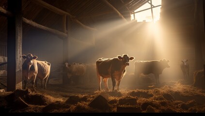 A Serene Scene: Cows Grazing in the Rustic Barnyard