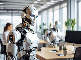 A modern robot works in a bright office with other employees, the usefulness of automation when performing repetitive and tedious tasks. - obrazy, fototapety, plakaty
