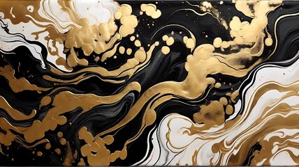 Abstract marble marbled ink painted painting texture luxury background banner - Black waves swirls gold painted splashes