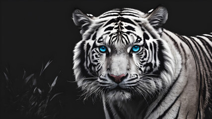 Portrait of a white tiger on black background. Generative Ai