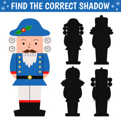 Find correct shadow of cute nutcracker. Educational logical game. Christmas game. Printable worksheet with solution for school and preschool.