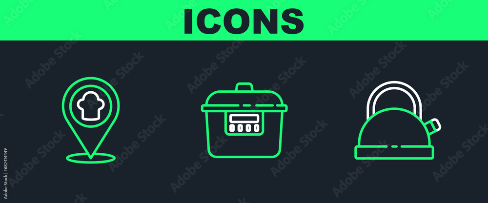 Poster set line kettle with handle, chef hat location and slow cooker icon. vector