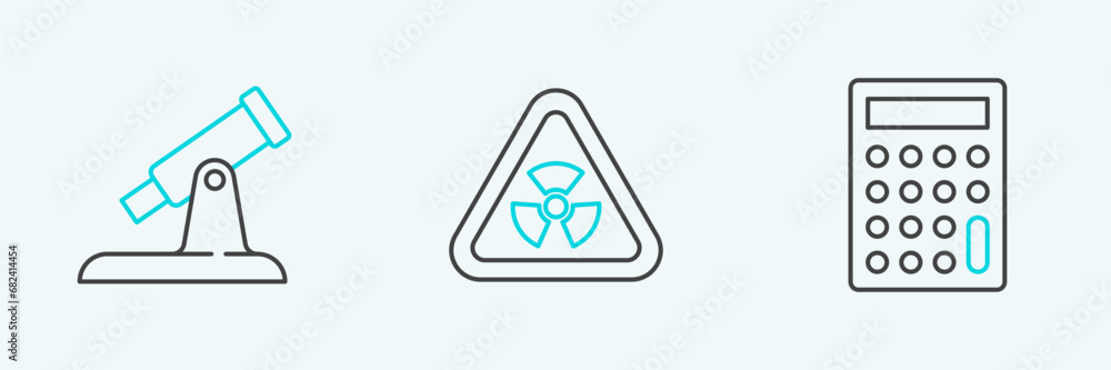 Poster set line calculator, telescope and triangle with radiation icon. vector