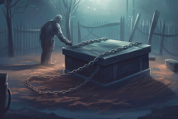 lowering a casket wrapped in chains into the groun - obrazy, fototapety, plakaty