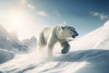 Polar bear running on glacier snowy surface. Artic white bear animal glacial environment. Generate...