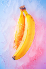 Two bananas on ice and water.Colorful.Pastel colors.Minimalistic concept.