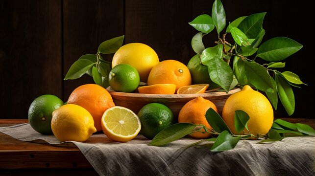 an elegant still life image featuring a group of vibrant citrus fruits, including oranges, lemons, and limes, on a rustic wooden tabletop