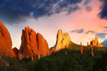 Beautiful sunset over Garden of the Gods, originally called Red Rock Corral. Garden of the Gods is a 1,341.3 acre public park located in Colorado Springs, Colorado, USA