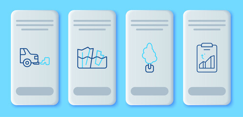 Set line Glacier melting, Tree, Car exhaust and Global warming icon. Vector