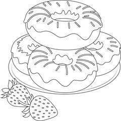 Outline vector food and drink of a strawberry donuts. Coloring pages for kids and adults