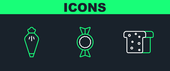 Set line Bread toast, Pastry bag and Candy icon. Vector