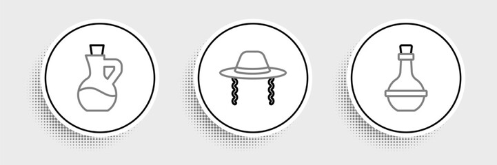 Set line Jewish wine bottle, Bottle of olive oil and Orthodox jewish hat icon. Vector