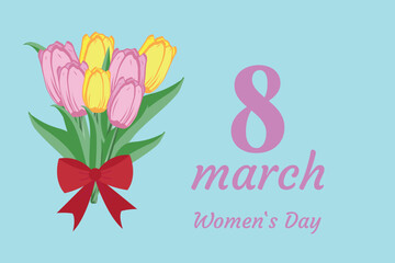 March 8 postcard design with tulips. International Women's Day. Vector illustration.